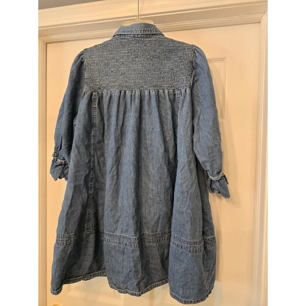 Free People Find Me Now Denim Smocked Button Down Mini Dress Tunic Pockets Med
